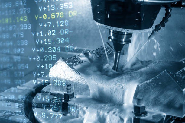 Close-up of a machine doing precision cutting overlayed with various numbers